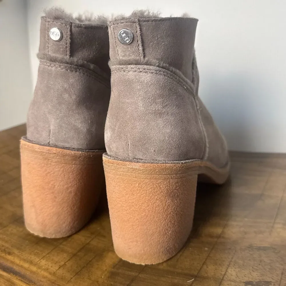 UGG Suede Shearling Ankle Boots Women's 11 Gray Taupe Block Heel Booties
